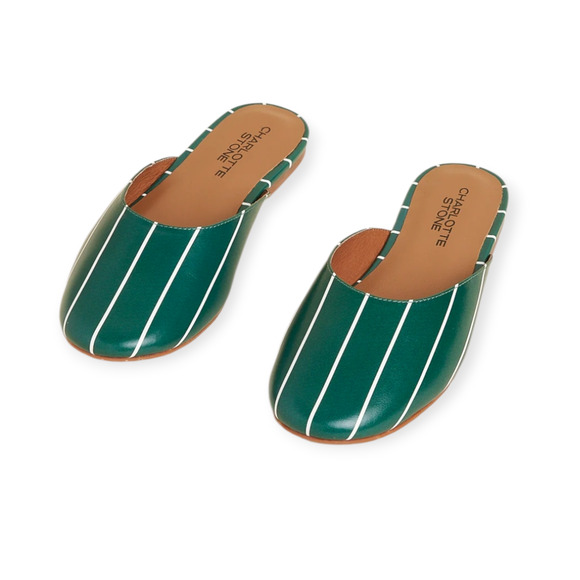 Charlotte Stone Prim Ivy Green White Striped Ballet Slide Flats Size 7 - Picture 2 of 9